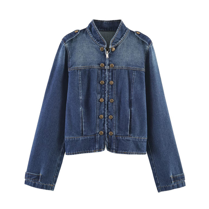 Damen Jeansjacke mit Stehkragen, Doppelreihen‑Druckknöpfen und Schulterklappen Drune