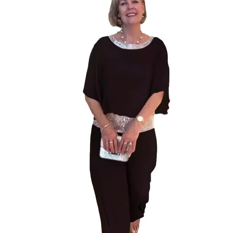 Damen Elegantes Abendzweiteiler mit Chiffon-Cape und Palazzo‑Hose Drune