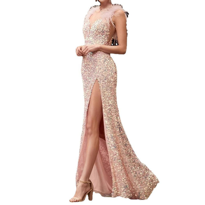 Damen Glamouröses Abendkleid mit Pailletten und Feder-Detail Drune