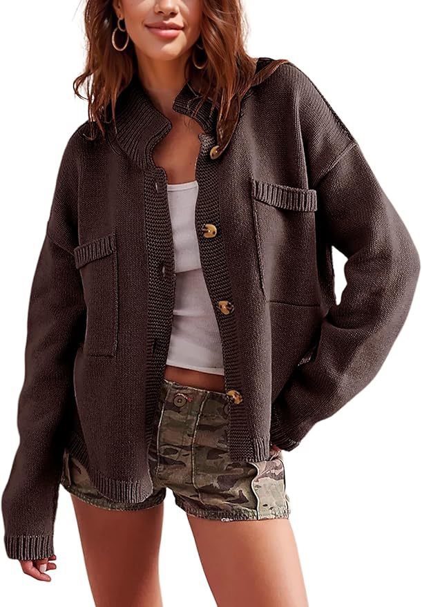 Damen lässige Strickjacke mit aufgesetzten Taschen und Knopfverschluss Drune