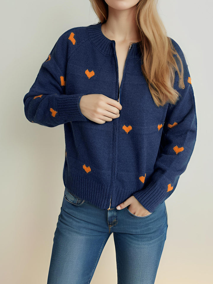 Damen modischer Strickcardigan mit Herzmuster und Reißverschluss Drune