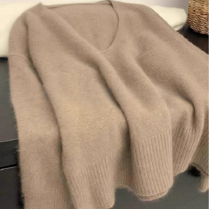 Damen Eleganter V-Ausschnitt Pullover mit Rippstruktur und lässigem Schnitt Drune