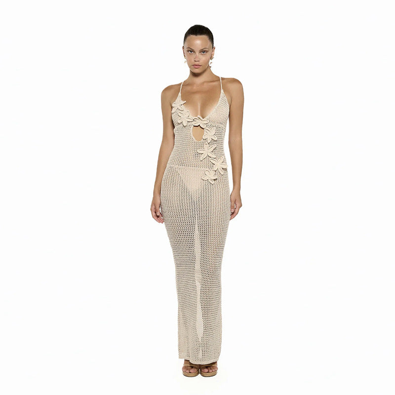 Damen Häkel-Strandkleid mit fröhlich floralem Design und tiefem Ausschnitt Drune
