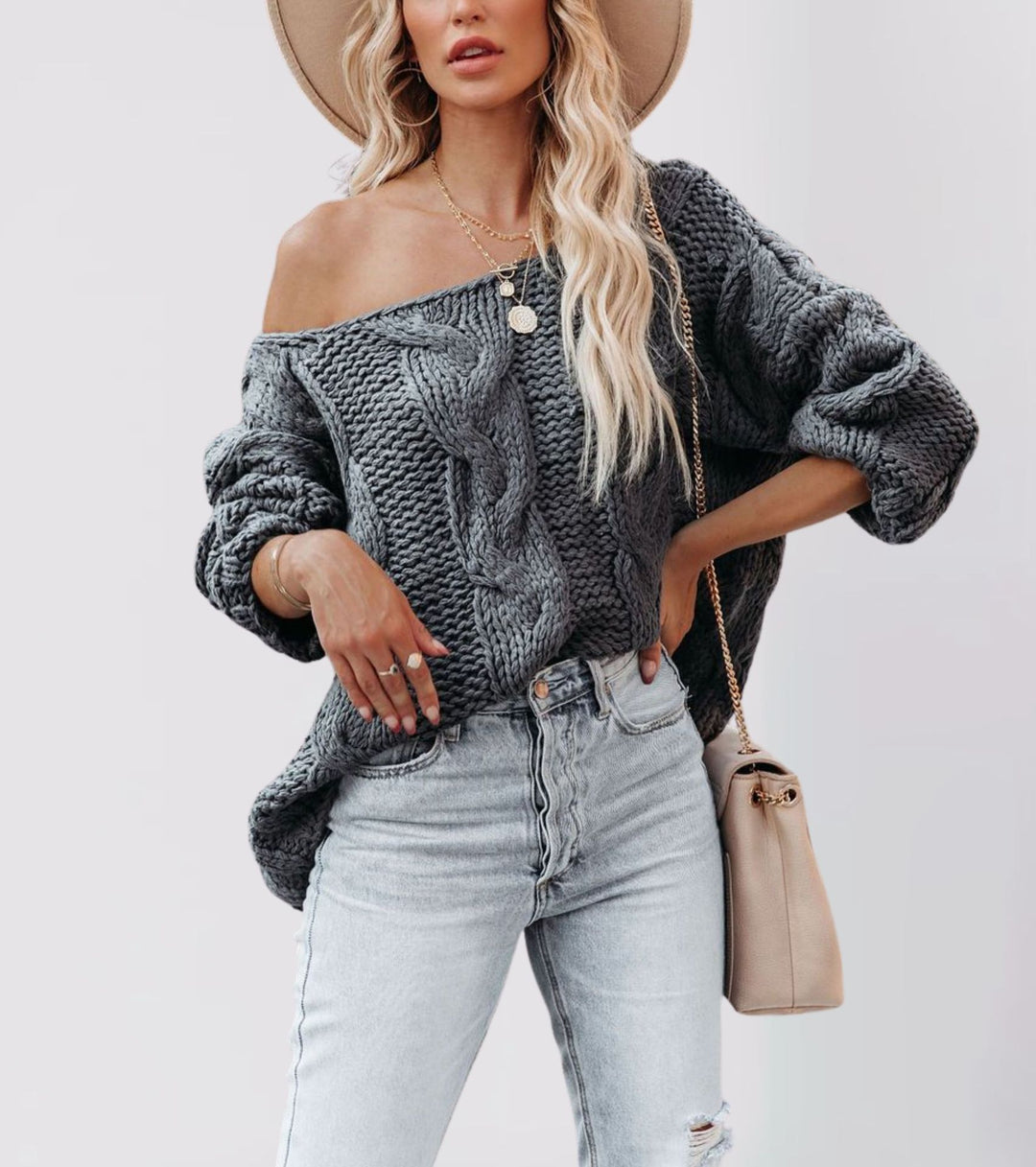 Damen Grobstrickpullover mit schulterfreiem Design Drune