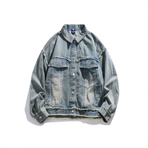 Unisex Boxy-Denimjacke mit ausgefransten Saumkanten, Pattentaschen und Vintage-Waschung Drune