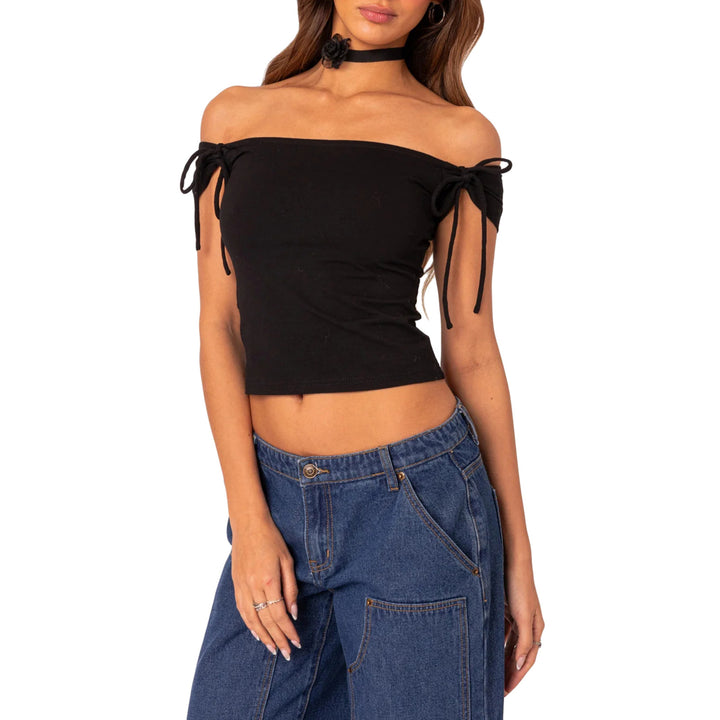 Damen raffiniertes Off-Shoulder T-Shirt mit eleganten Bindebändern Drune