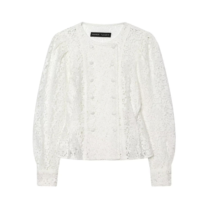 Damen Spitzenjacke mit zarter Blumen-Spitze, dekorativer Knopfleiste und ballonärmeln Drune