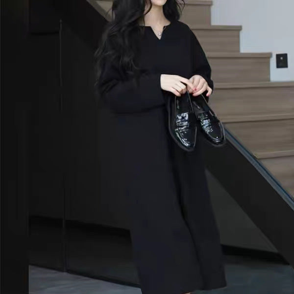 Damen Schlichtes Midikleid mit V-Schlitz, dreiviertel-Ärmeln und geradem Fall Drune