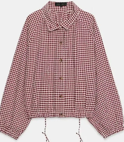 Damen Kurzblousonjacke im Vichykaro mit hohem Stehkragen und Tunnelzugsaum Drune