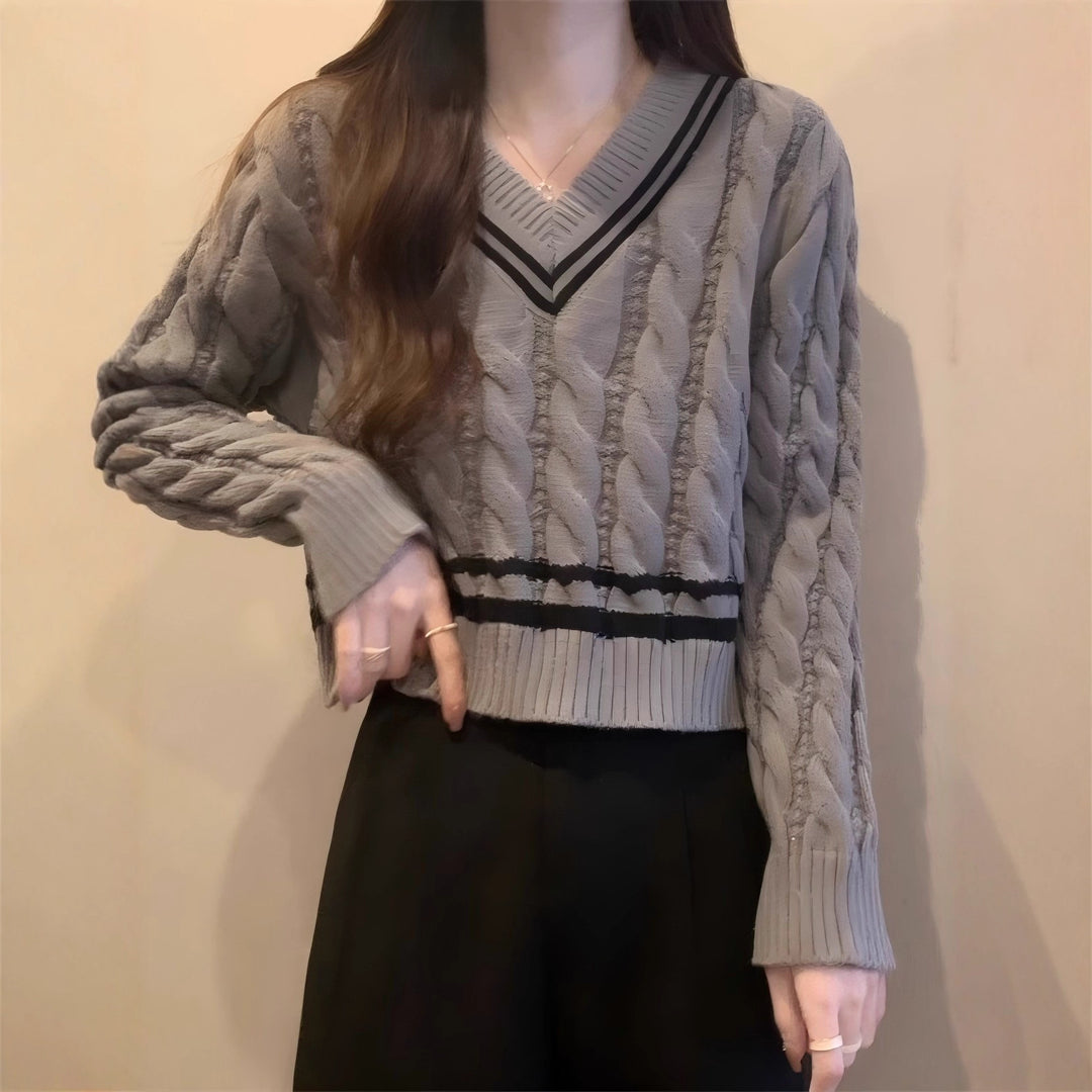 Damen modischer Strickpullover mit V-Ausschnitt und Zopfmuster Drune