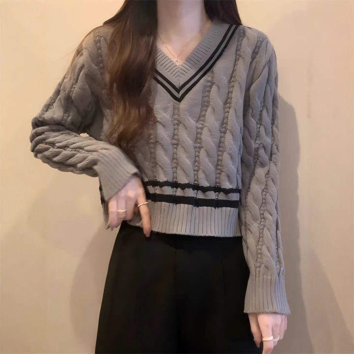 Damen modischer Strickpullover mit V-Ausschnitt und Zopfmuster Drune