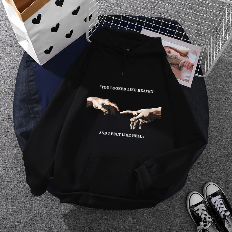 Damen nan Oversize Kapuzenpullover mit Kängurutasche und Renaissance‑Handmotiv, weiches Fleece Innenfutter Drune