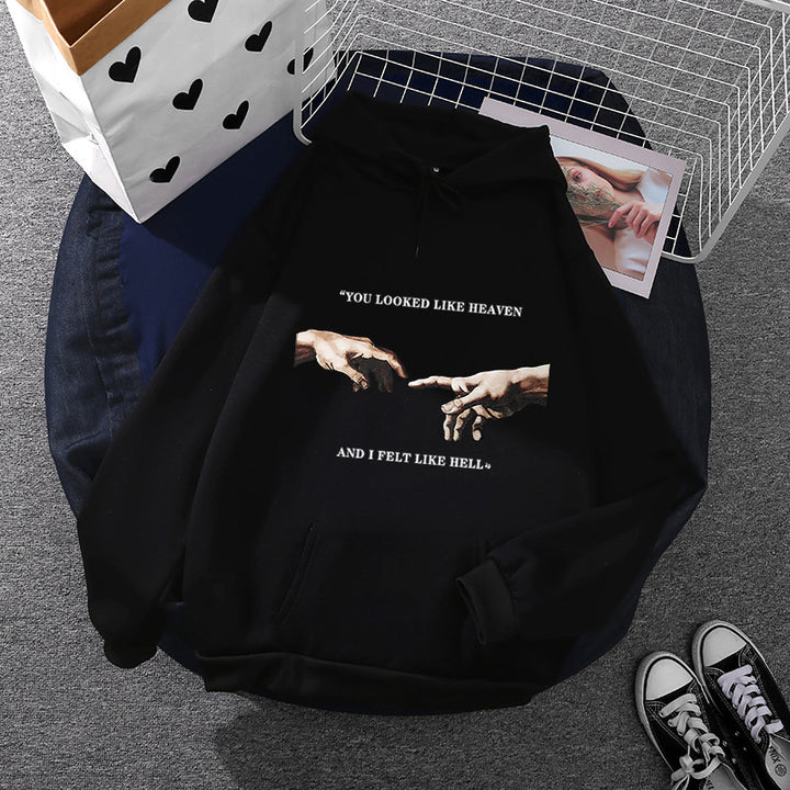 Damen nan Oversize Kapuzenpullover mit Kängurutasche und Renaissance‑Handmotiv, weiches Fleece Innenfutter Drune