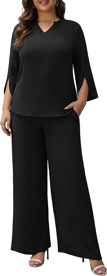 Damen Elegantes Zweiteiliges Palazzo-Set mit V‑Ausschnitt und geschlitzten 3/4‑Ärmeln Drune