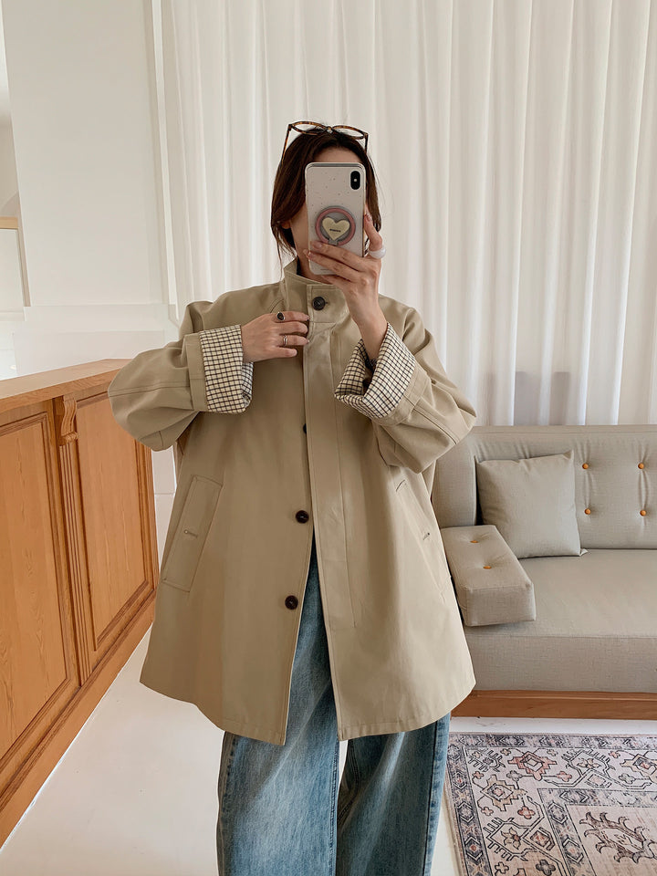 Damen Oversize-Mantel mit Stehkragen und kariertem Ärmelsaum Drune