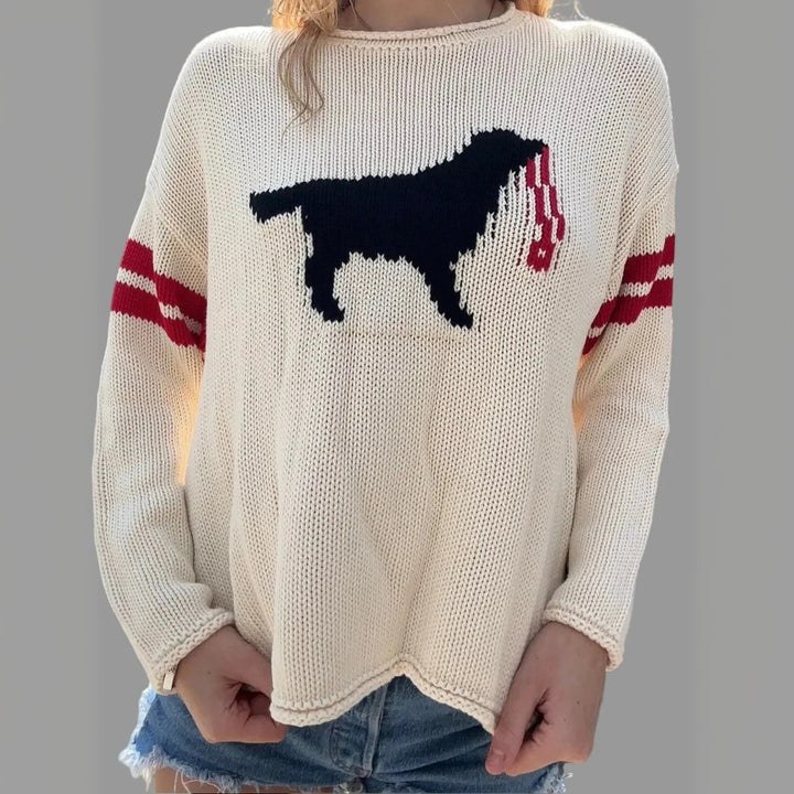 Damen Grobstrickpullover mit Hunde-Jacquard und Sportstreifen Drune