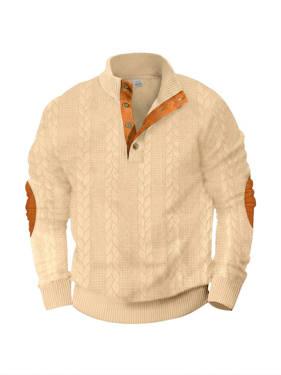 Herren nan lässiger Zopfstrickpullover mit verstärkter Knopfleiste und Wildleder-Ellenbogenpatches Drune