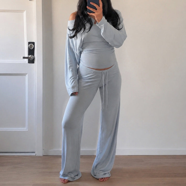 Damen Lounge-Set mit Off-Shoulder-Stretchtop und weiter Kordelbundhose Drune