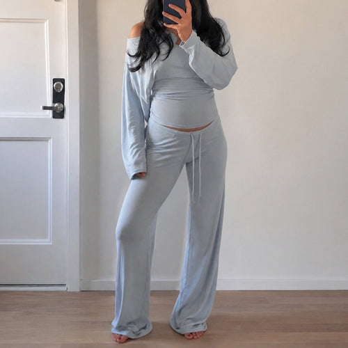 Damen Lounge-Set mit Off-Shoulder-Stretchtop und weiter Kordelbundhose Drune