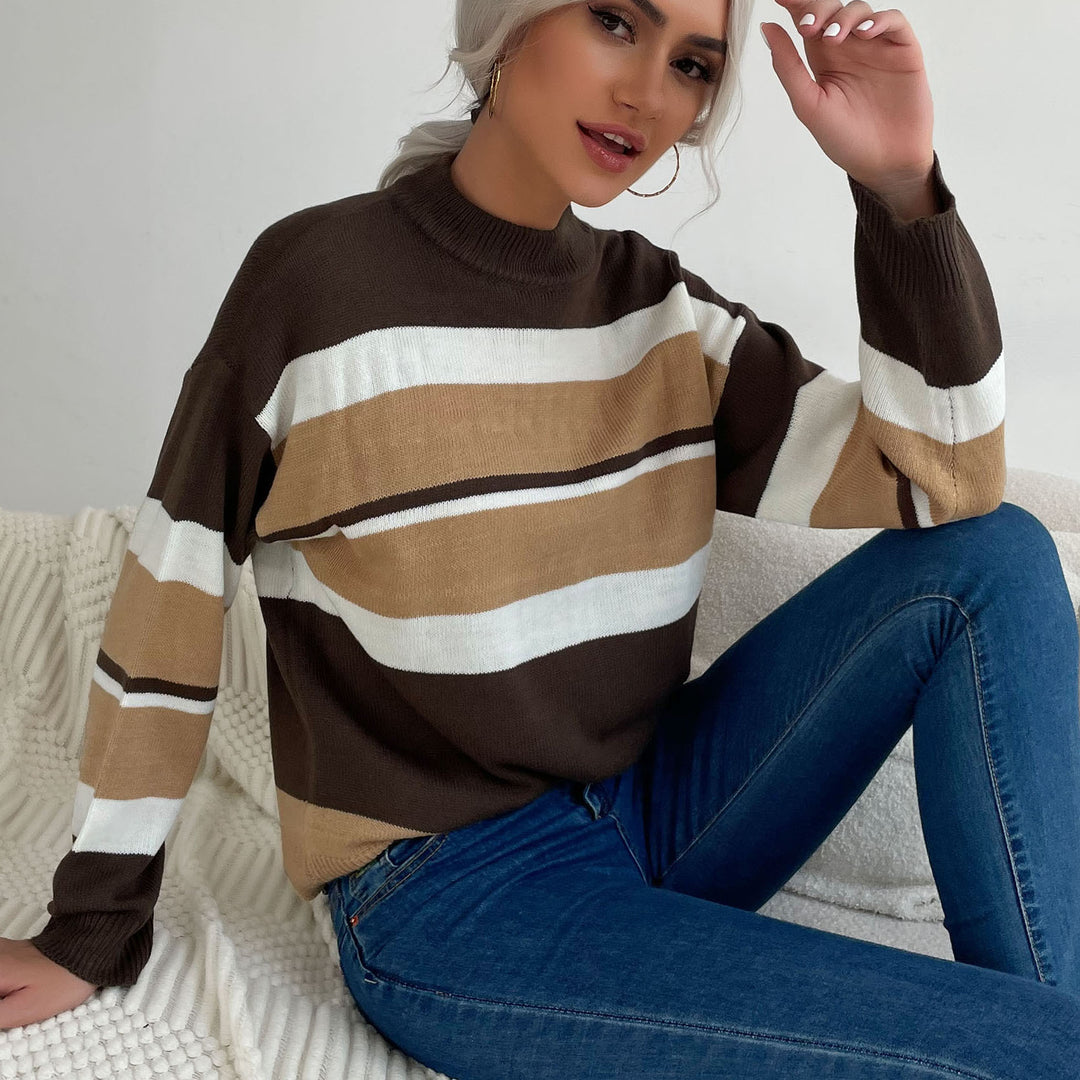 Damen Gestreifter Feinstrick-Pullover mit Stehkragen Drune