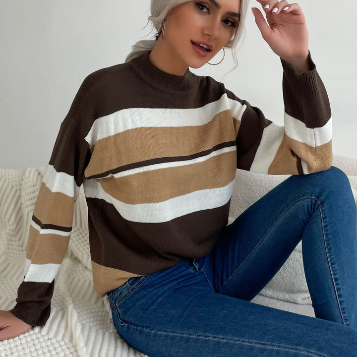 Damen Gestreifter Feinstrick-Pullover mit Stehkragen Drune