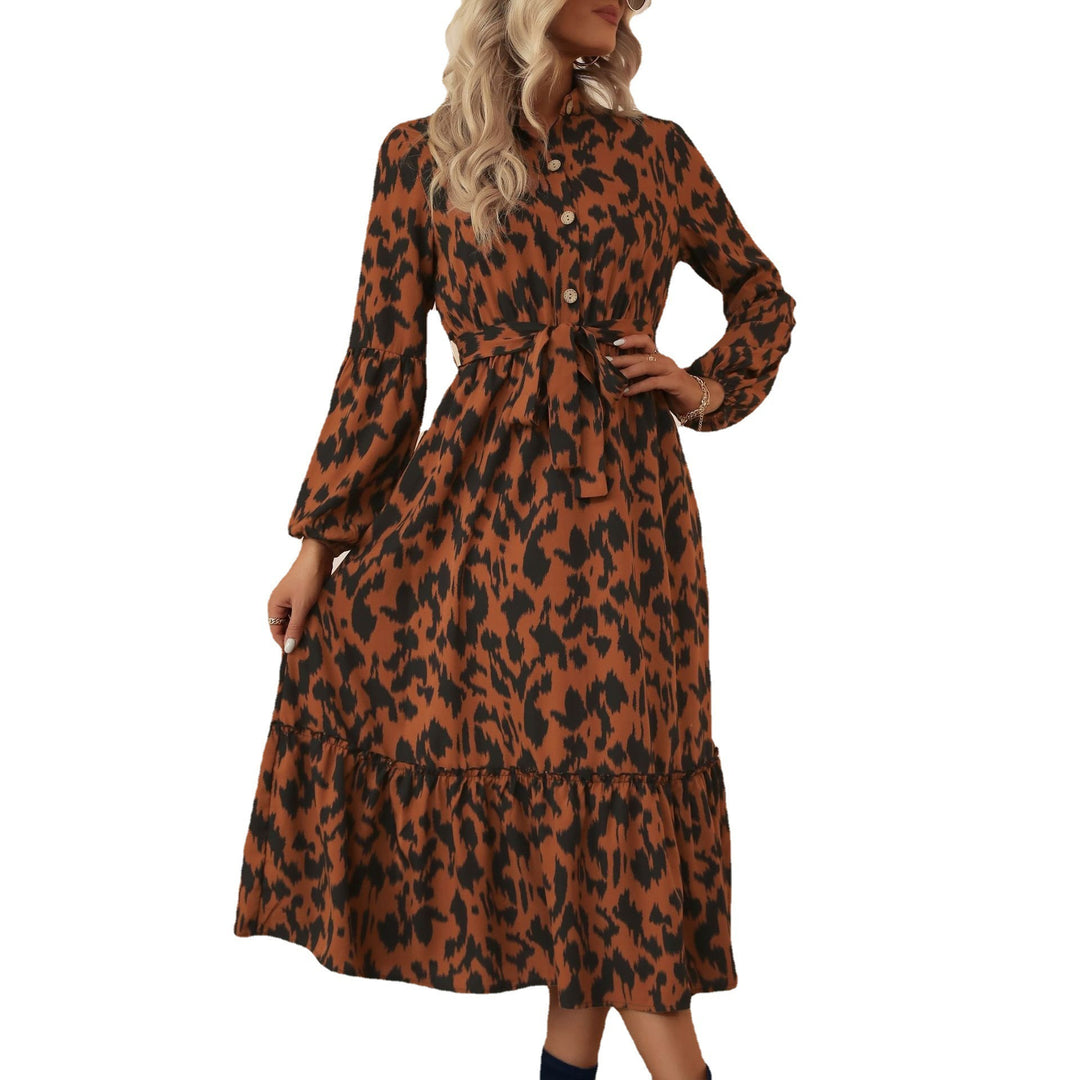Damen Midikleid mit Animal-Print, Knopfleiste, Taillengürtel und Stufenrock Drune