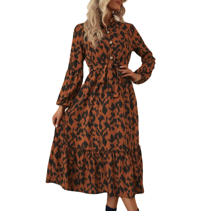 Damen Midikleid mit Animal-Print, Knopfleiste, Taillengürtel und Stufenrock Drune