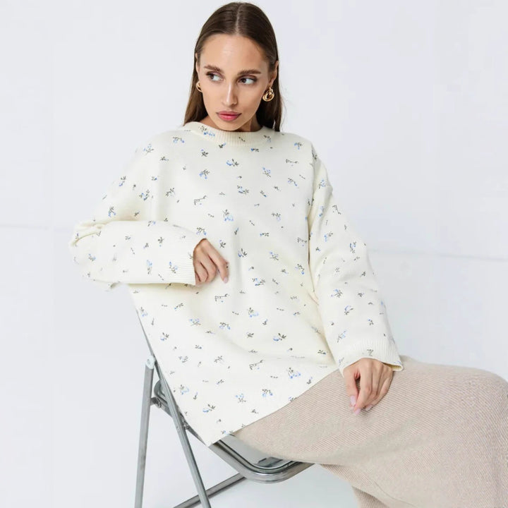 Damen Oversized Strickpullover mit floralen Akzenten und weitem Schnitt Drune