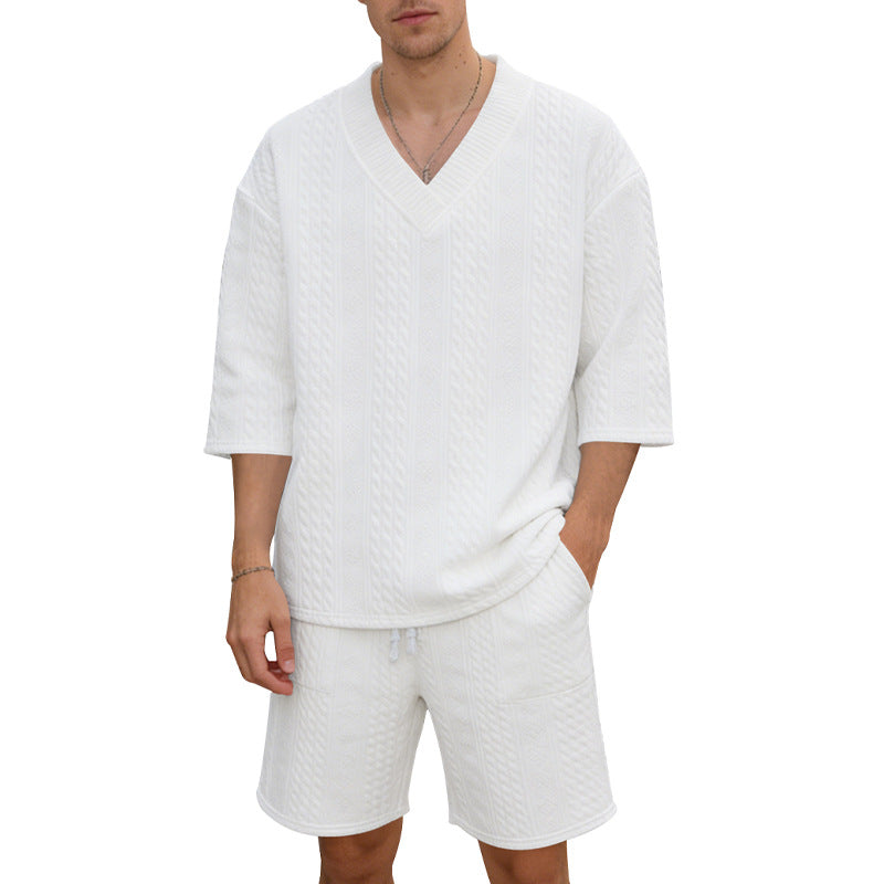 Unisex nan lässiges Lounge-Set mit V-Ausschnitt-Oberteil und Kordelbund-Shorts Drune
