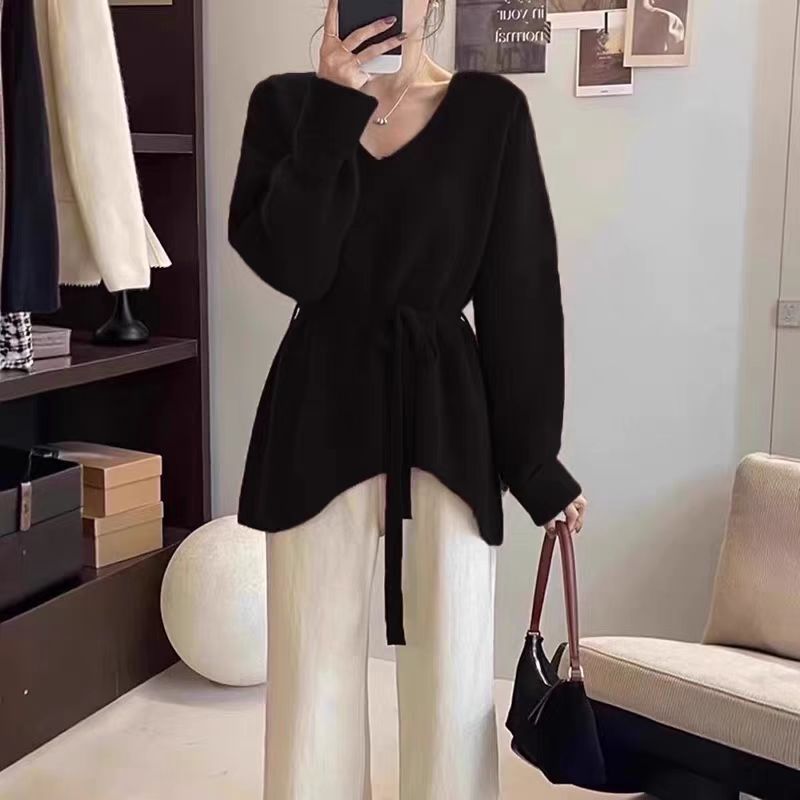 Damen Strickjacke mit Taillengürtel und V-Ausschnitt Drune
