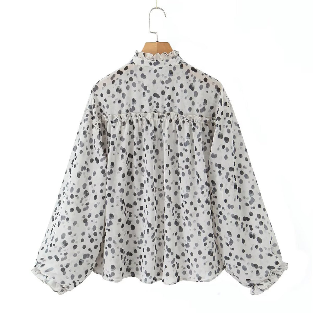 Damen Transparente Chiffonbluse mit Tupfenprint, Stehkragen und voluminösen Rüschenärmeln Drune