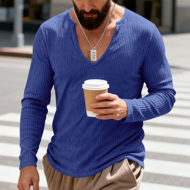 Herren nan geripptes V-Ausschnitt Langarmshirt aus leichter Baumwollmischung Drune