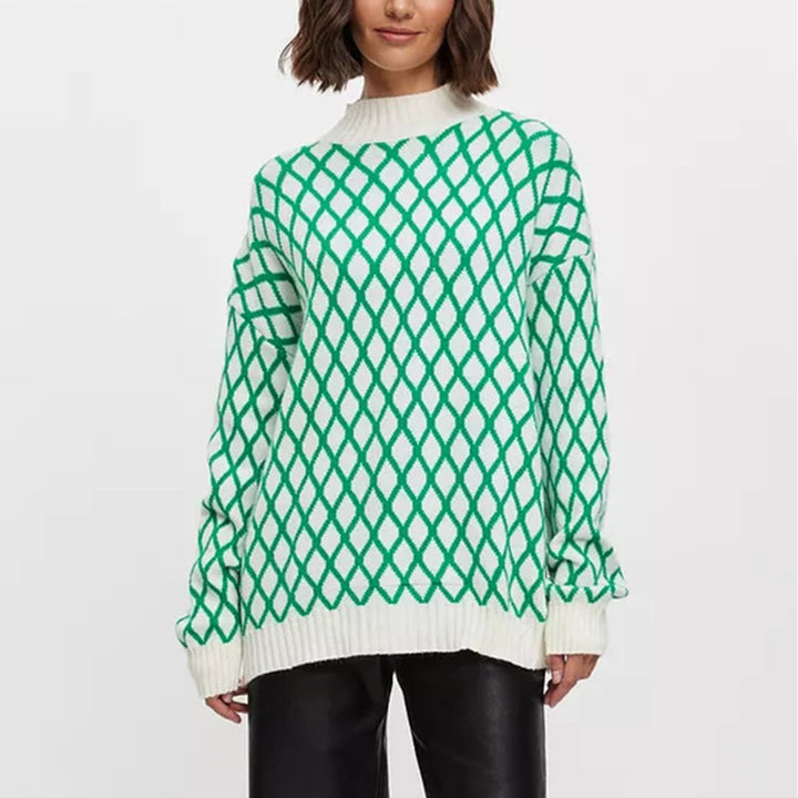 Damen gestrickter Pullover mit modernem Rautenmuster und innovativem Schnitt Drune