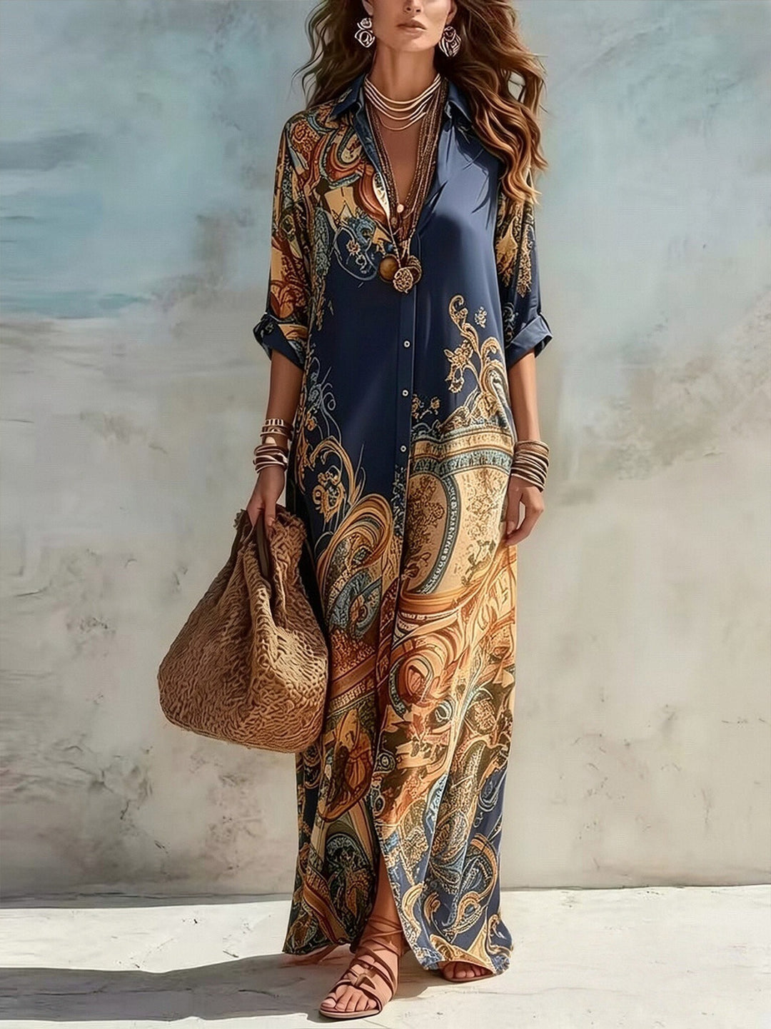 Damen Langarmshirt Kleid im Boho Barock Druck aus luftiger Chiffonqualität Drune