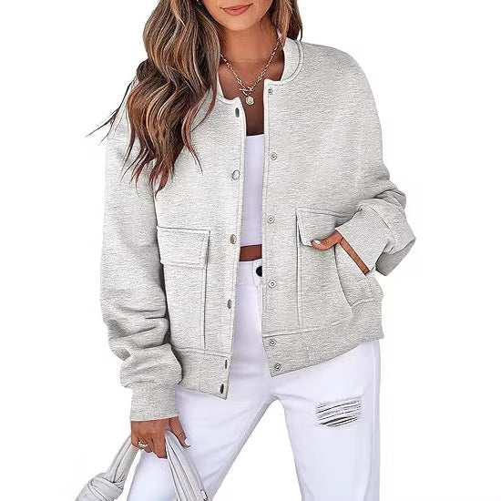 Damen Oversized Bomberjacke aus French Terry mit Druckknopf und aufgesetzten Taschen Drune