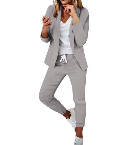 Damen nan Smart-Casual Blazer-Set mit offenem Longblazer und tapered Jogpant mit Kordelzug Drune