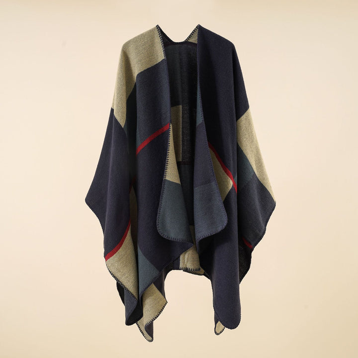 Damen Dreieckiger Strickponcho mit geometrischem Jacquardmuster und Ziernaht Drune