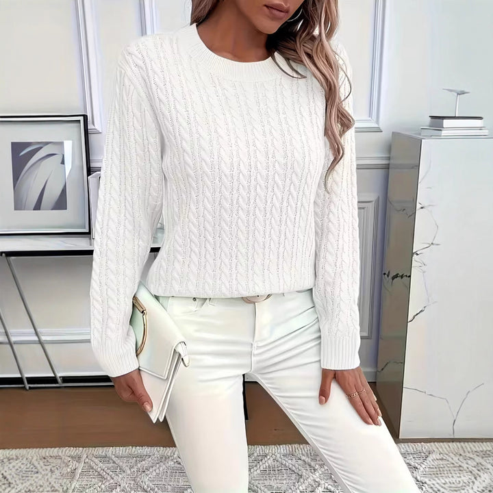 Damen Kurz geschnittener Zopfmuster-Strickpullover mit Rundhalsausschnitt Drune