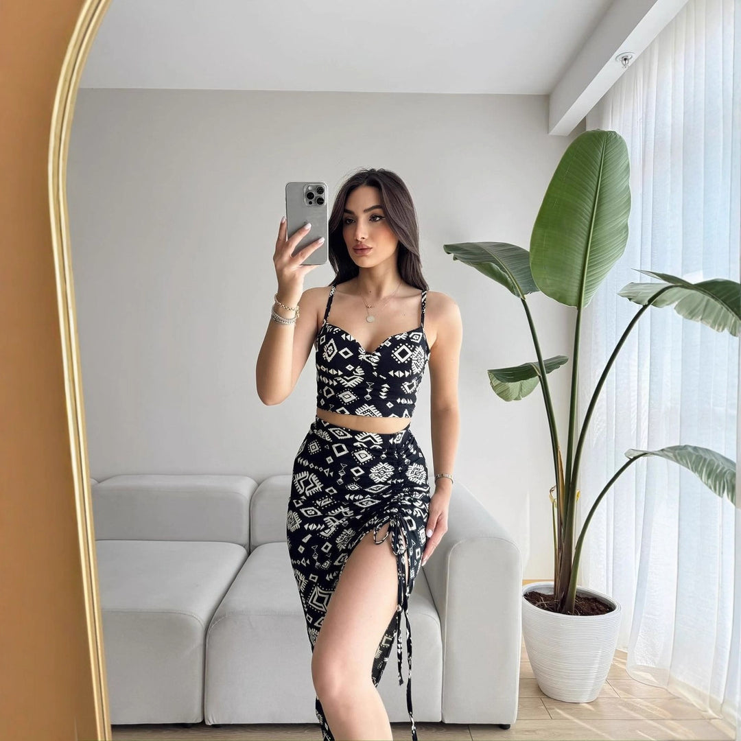 Damen Set aus Crop-Top und Knielangem Rock mit Raffungen Drune
