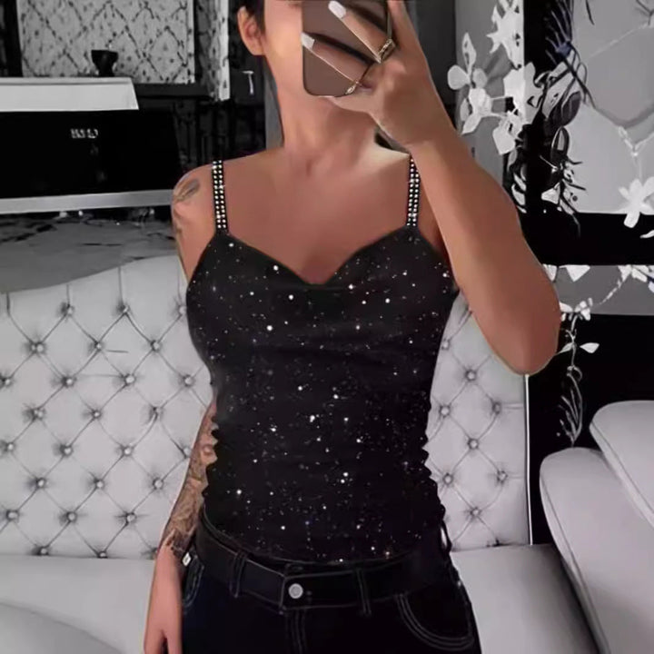 Damen Elegante Spaghetti-Träger Top mit Glitzer-Details Drune