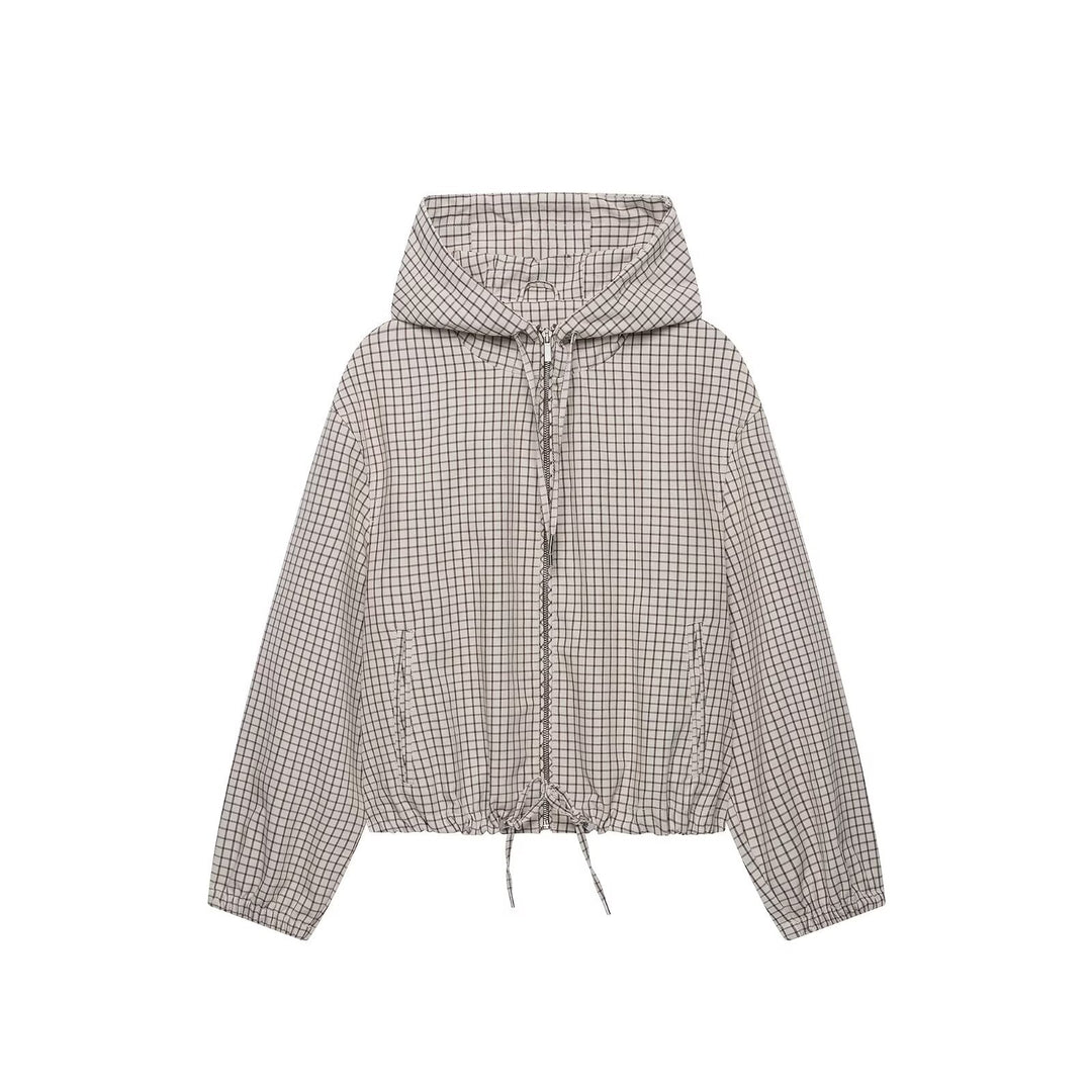 Damen Kariertes Cropped-Blouson mit Kapuze, Tunnelzug und Reißverschluss Drune
