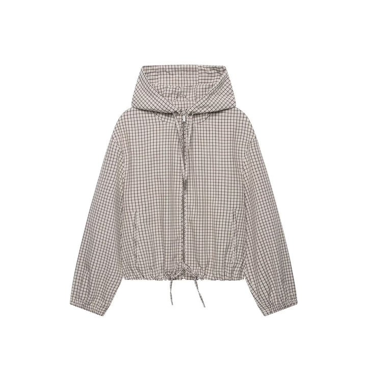 Damen Kariertes Cropped-Blouson mit Kapuze, Tunnelzug und Reißverschluss Drune
