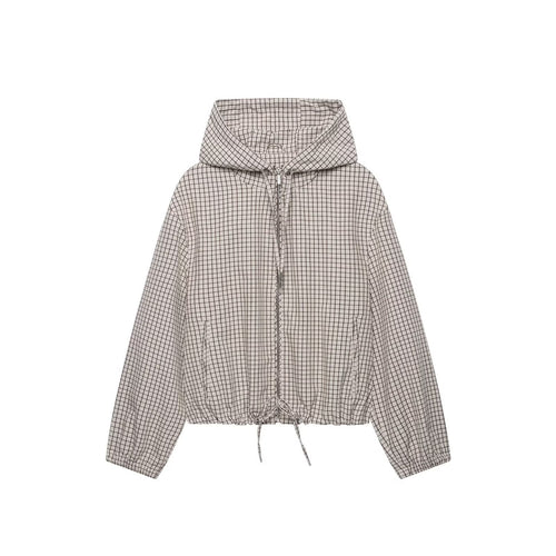 Damen Kariertes Cropped-Blouson mit Kapuze, Tunnelzug und Reißverschluss Drune