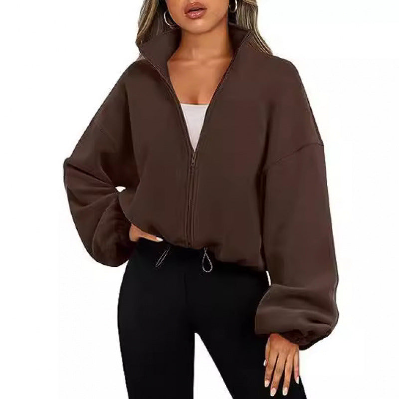 Damen trendy Oversize-Zip-Pullover mit hohem Kragen und Kordelzug Drune