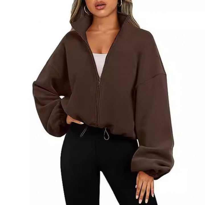 Damen trendy Oversize-Zip-Pullover mit hohem Kragen und Kordelzug Drune