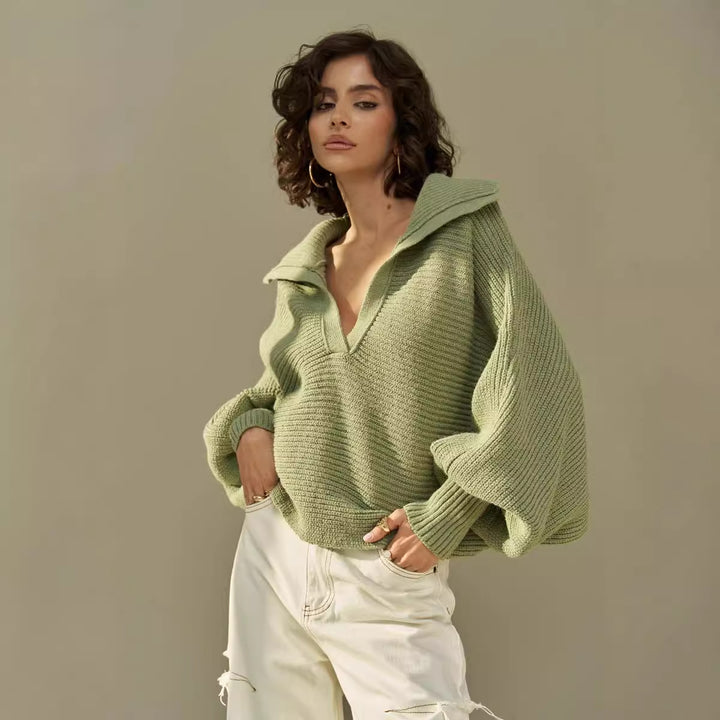 Damen lässiger Strickpullover mit oversized Kragen Drune