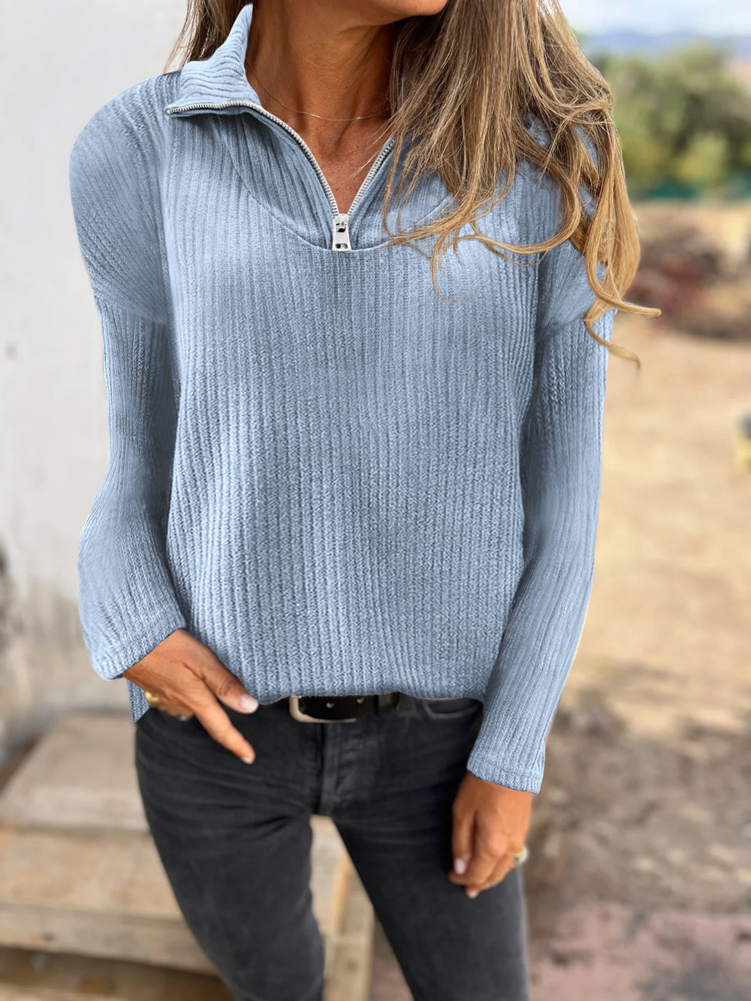 Damen Rippstrickpullover mit halbem Reißverschluss und Stehkragen Drune
