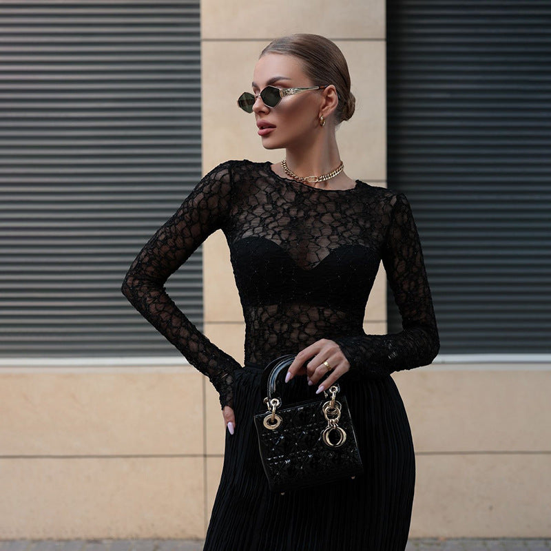 Damen Elegantes Spitzenshirt mit langem Arm und raffiniertem Mustermix Drune