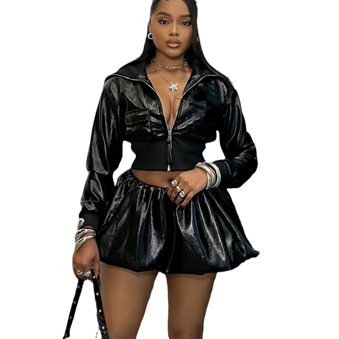 Damen Kurzjacke mit glänzendem Finish und elastischem Bund Drune