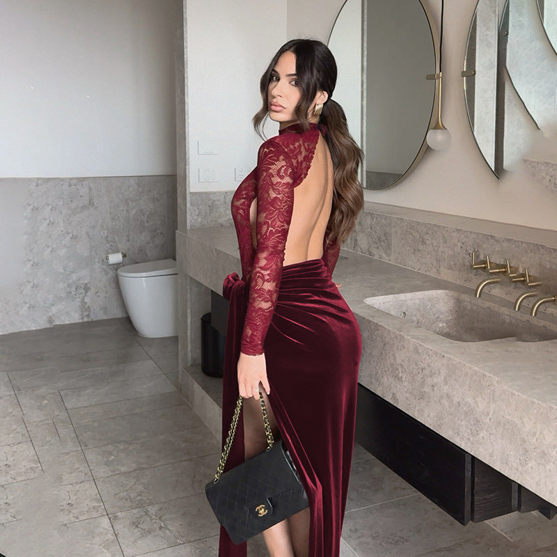 Damen Elegantes Maxi-Kleid mit Spitze und raffiniertem Taillengürtel Drune